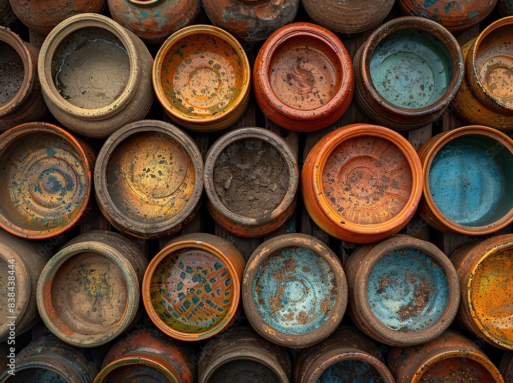 A pile of brown clay pots lay on the ground, arranged in an artistic pattern. A pile of brown clay pots lay on the ground, arranged in an artistic pattern.