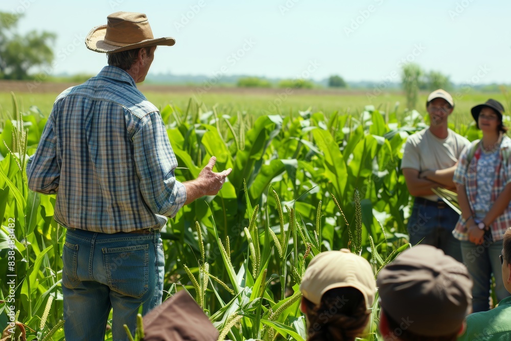 © spyrakot - Farmer Educating Agricultural Students on Genetically Modified Crops in a Lush Field Setting