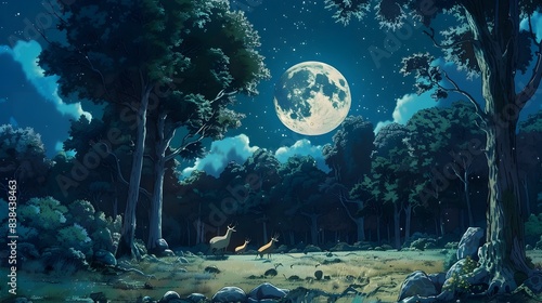 Enchanting Moonlit Forest Landscape with Magical Atmosphere and Tranquil Scenery