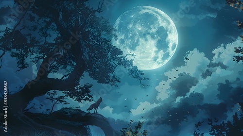 Enchanting Moonlit Forest with Silhouetted Deer in Tranquil Nightscape