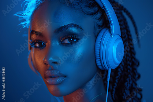 Close up portrait of YoungAfrican American woman listening to music with headphones photo