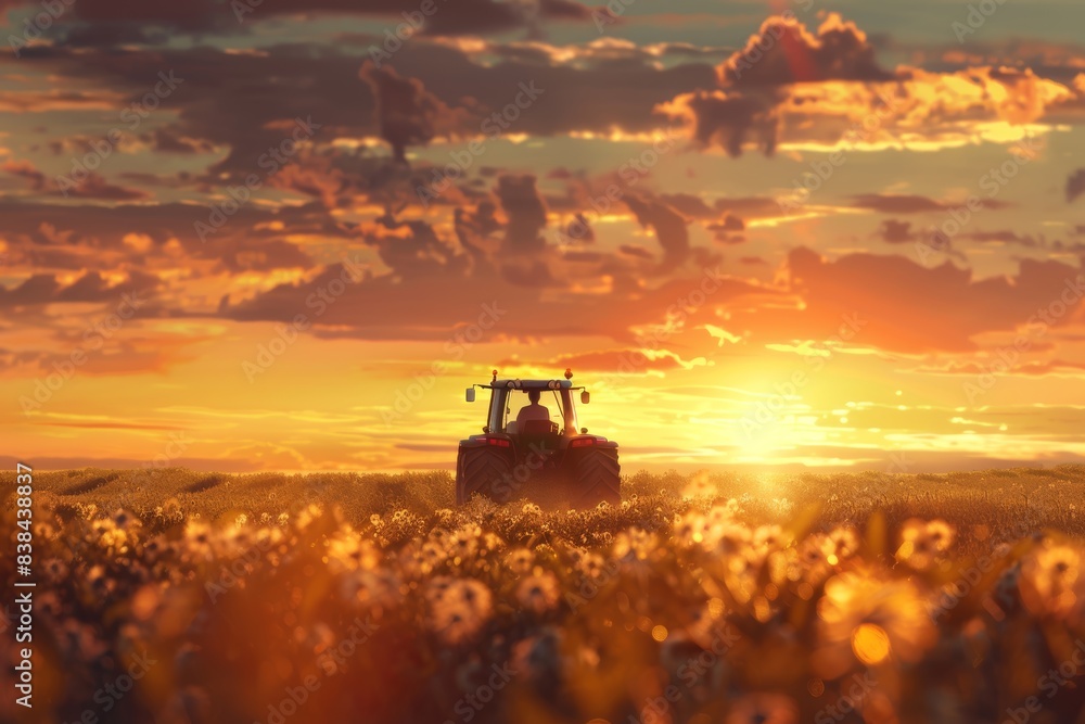 Fototapeta premium Farmer Driving Tractor Through Genetically Modified Crop Field at Sunset for Agricultural Poster