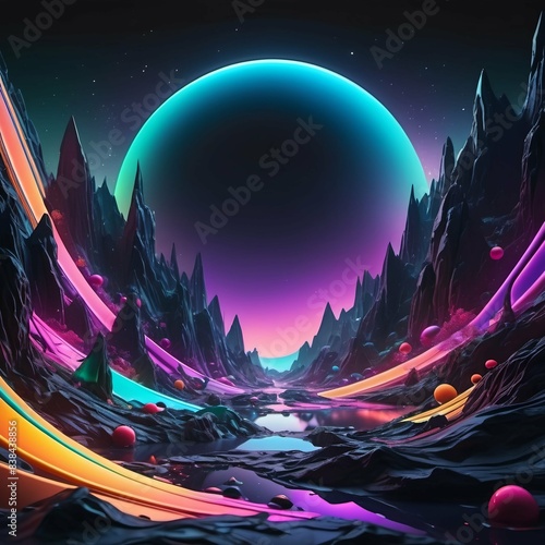 Vibrant digital artwork featuring a futuristic neon punk landscape with mountains and a transparent planet-like globe. Perfect for sci-fi and fantasy themes photo