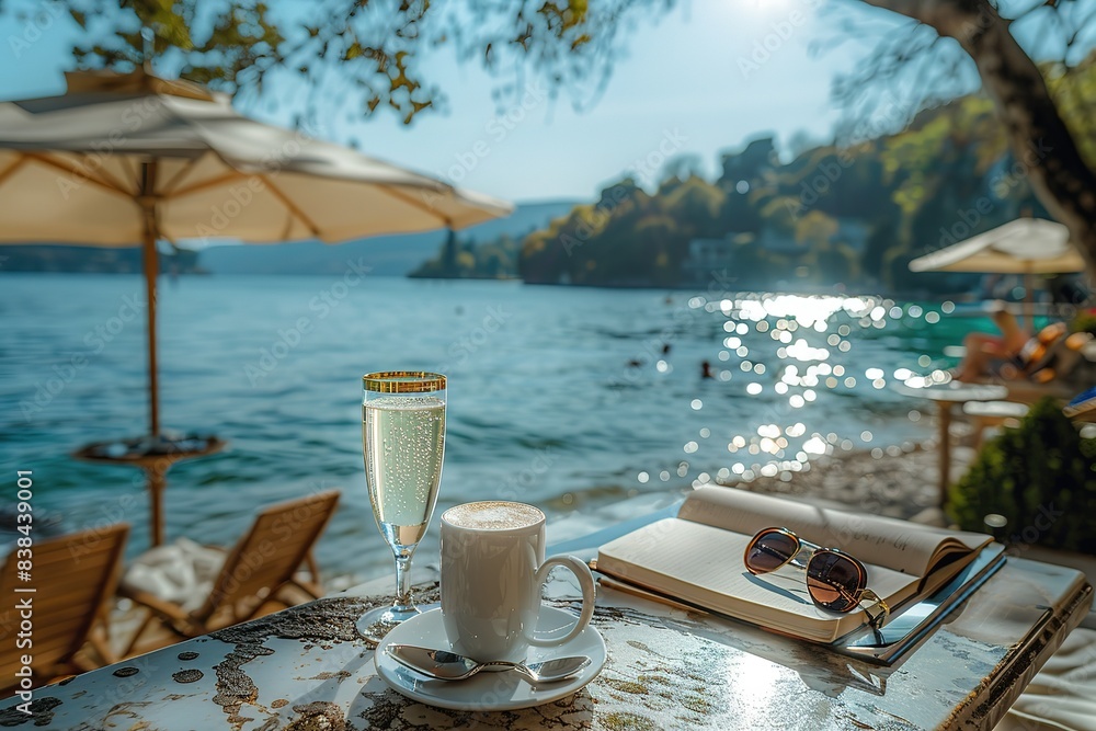 A coffee and champagne glass on the table of an outdoor cafe with sunglasses, books and notepads in front A coffee and champagne glass on the table of an outdoor cafe with sunglasses, books and notepads in front