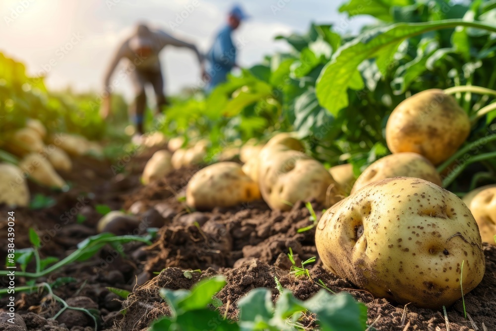 Genetically Modified Potato Farm with Farmers Harvesting Large, Uniform Potatoes in Sunlight Genetically Modified Potato Farm with Farmers Harvesting Large, Uniform Potatoes in Sunlight
