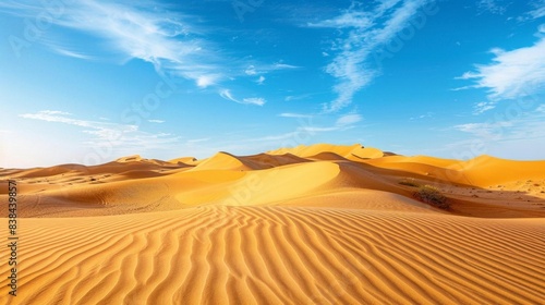 Stunning desert landscape with golden sand dunes under a bright blue sky, showcasing nature's beauty and the vastness of arid environments.