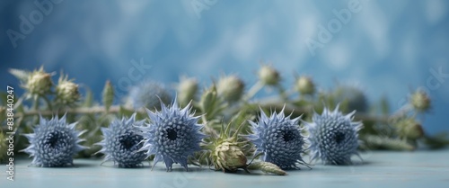 Beautiful eryngium flowers lying as a frame on pastel blue background. photo