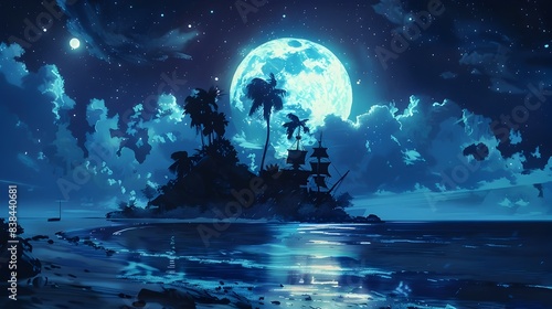 Enchanting Moonlit Tropical Beach Landscape with Silhouetted Palm Trees © Everything by Rachan