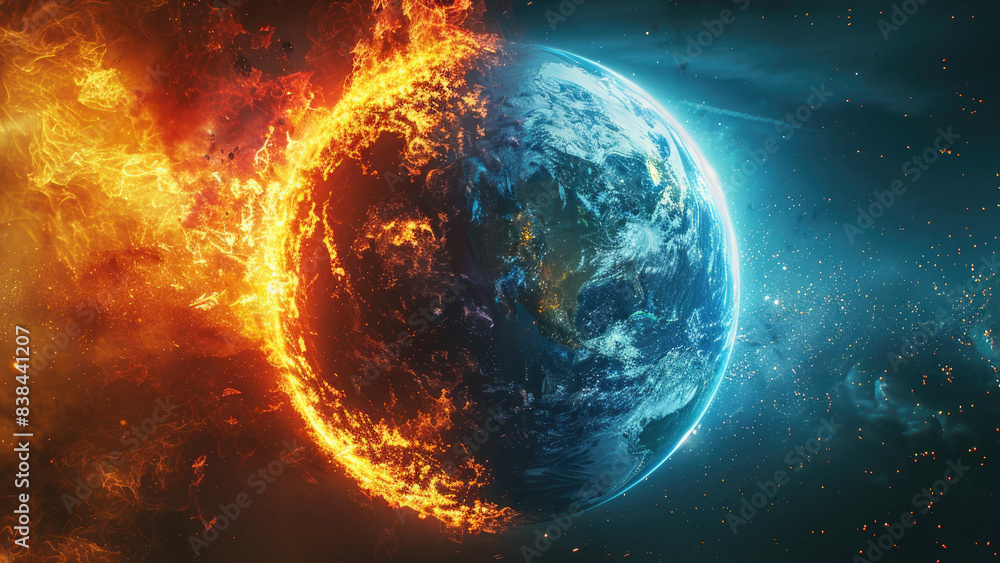 Dramatic image of Earth with fire on one side and ice on the other, symbolizing extreme climate conditions or apocalyptic events. Dramatic image of Earth with fire on one side and ice on the other, symbolizing extreme climate conditions or apocalyptic events.