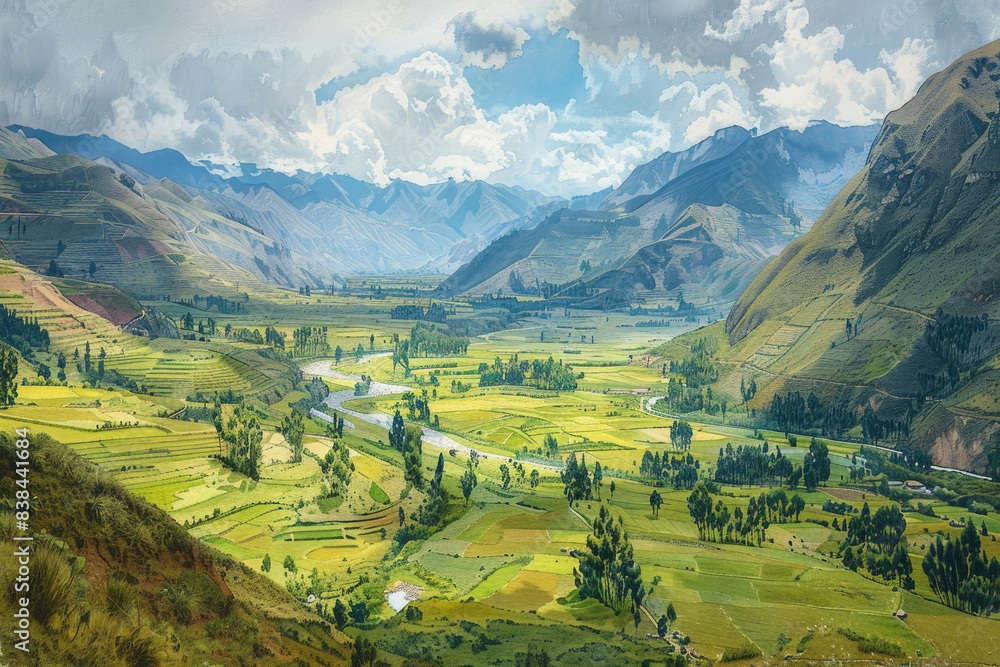 Vivid landscape of a lush green valley surrounded by majestic mountains under a partly cloudy sky, captured in vibrant colors. Vivid landscape of a lush green valley surrounded by majestic mountains under a partly cloudy sky, captured in vibrant colors.