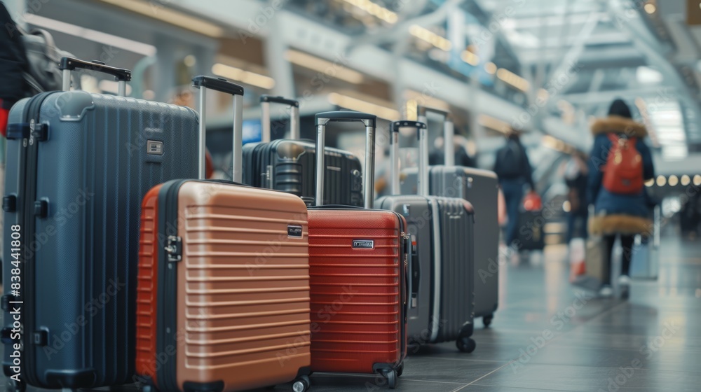 Variety of Stylish Luggage Brands Displayed in Busy Airport Setting for Travel Solutions Variety of Stylish Luggage Brands Displayed in Busy Airport Setting for Travel Solutions
