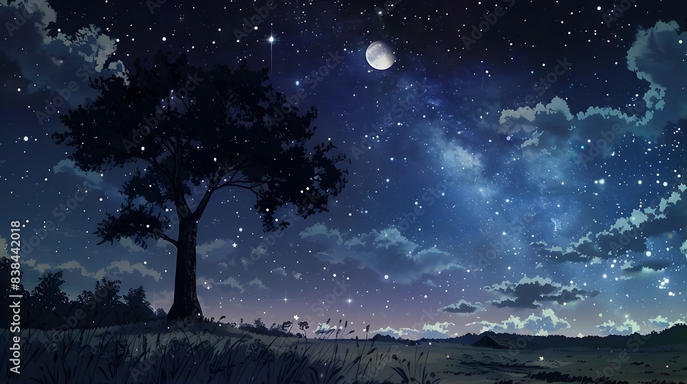 Fototapeta premium Enchanting Starry Night Landscape with Silhouetted Tree Under Moonlit Sky