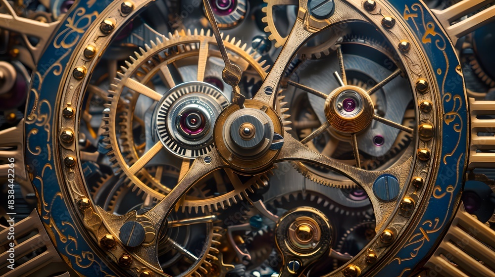 A close up of a large, old fashioned clock with many gears A close up of a large, old fashioned clock with many gears