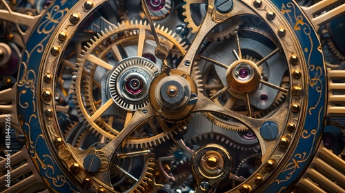 A close up of a large, old fashioned clock with many gears