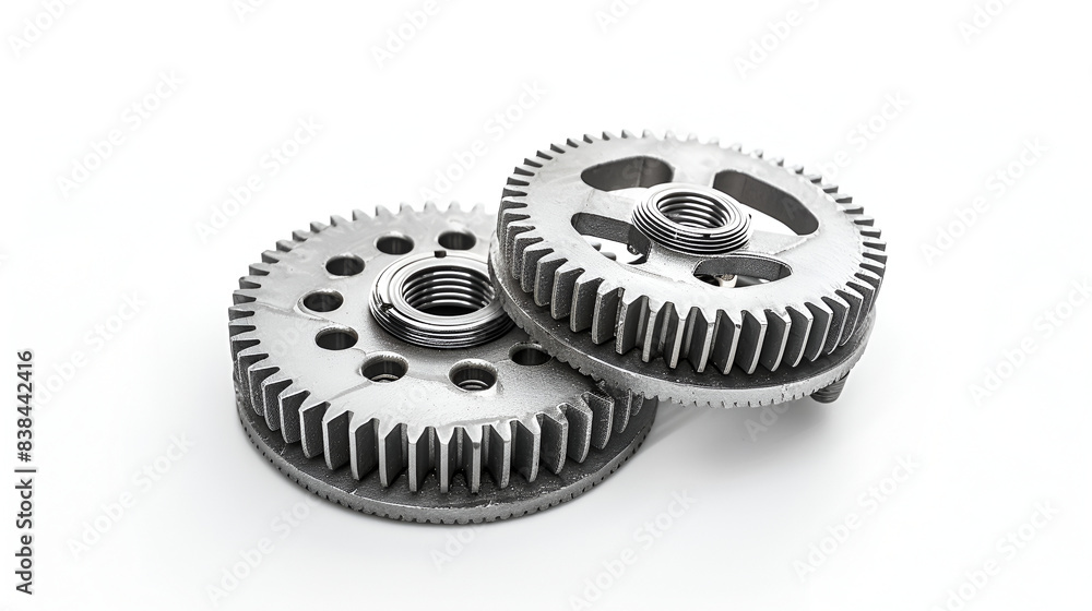 metal gears on the white background ,Two close up metal gears on the white background ,Top view gear wheels with accessory on white background metal gears on the white background ,Two close up metal gears on the white background ,Top view gear wheels with accessory on white background