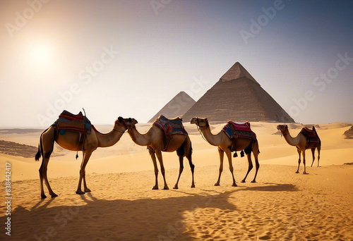 Landscape with camels in the foreground and the Egyptian pyramids in the background