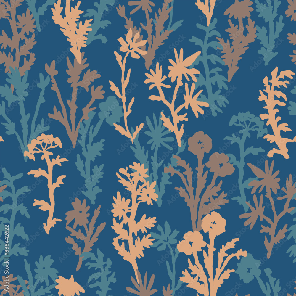 Ornament of abstract silhouettes of wild plants and flowers. Botanical vector seamless pattern in modern style. Ornament of abstract silhouettes of wild plants and flowers. Botanical vector seamless pattern in modern style.