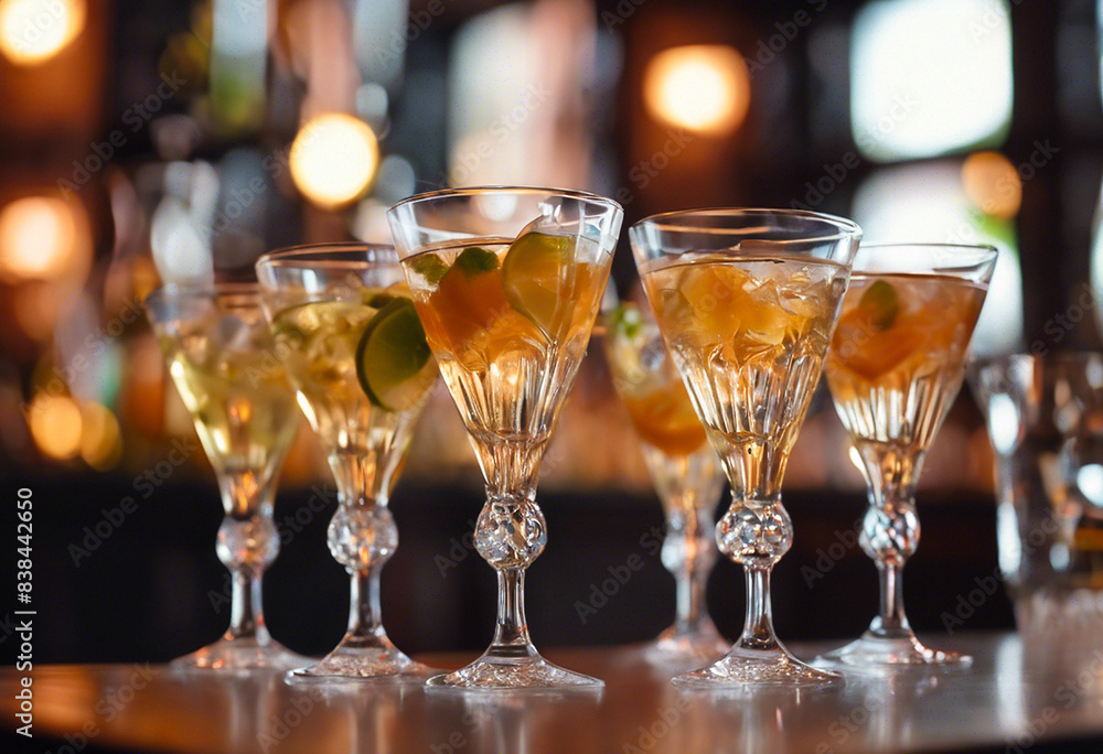 Close-up with many cocktail glasses and blurred background Close-up with many cocktail glasses and blurred background