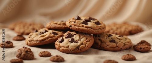 Brown american cookies on beige silk fabric background Minimal style Bakery and pastry concept.