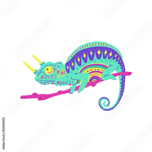 Cute colorful beautiful painted chameleon with horns sitting on branch, vector cartoon tropical exotic lizard animal