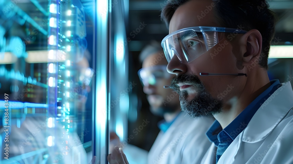 R&D centre image with portrait of engineers wearing protection glasses researching new energy sources R&D centre image with portrait of engineers wearing protection glasses researching new energy sources
