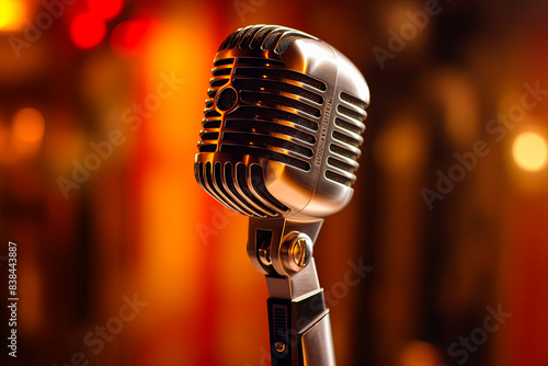 A microphone is on a table in a dimly lit room.