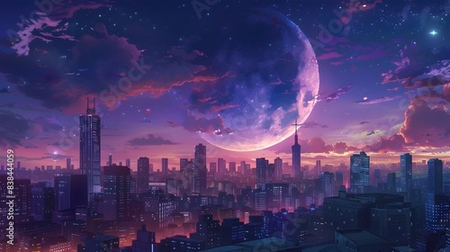 Futuristic Cityscape Illuminated by Dramatic Moonlit Skyline at Dusk