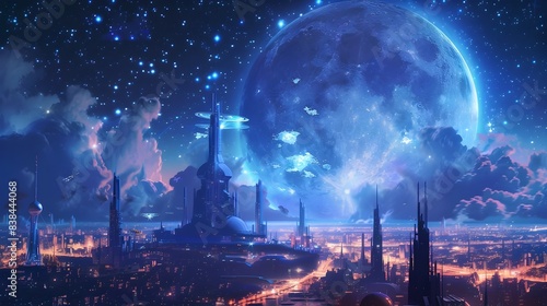 Futuristic Cityscape Under Glowing Alien Planet and Starry Sky