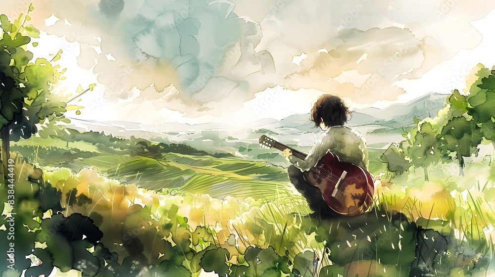 Guitarist Admiring Idyllic Pastoral Landscape with Mountains in the Distance