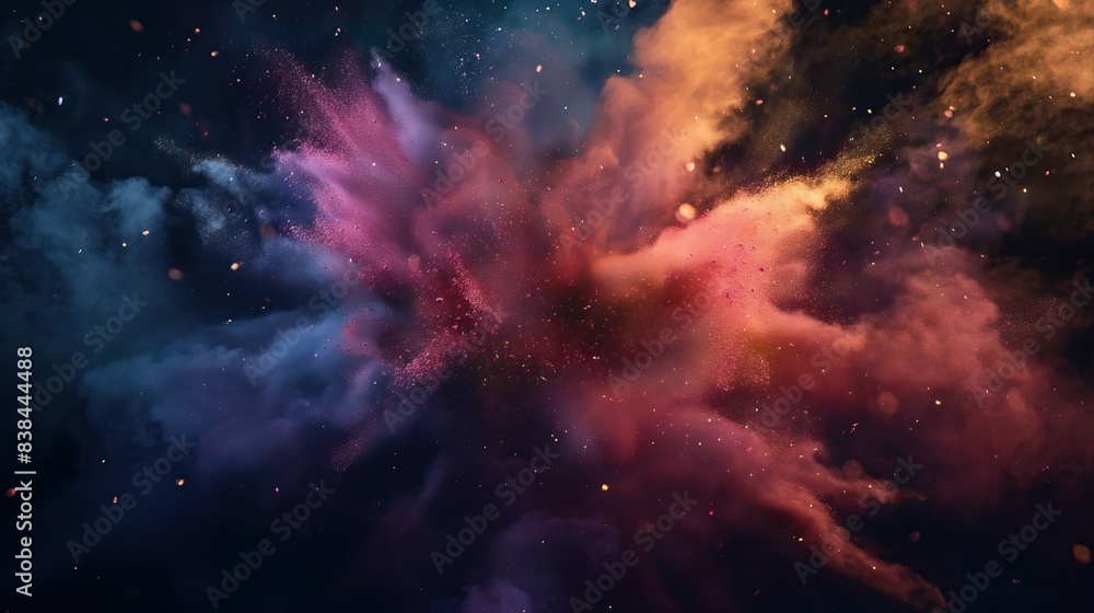 Obraz premium colorful dust powder particles explosion, on black background for overlay
