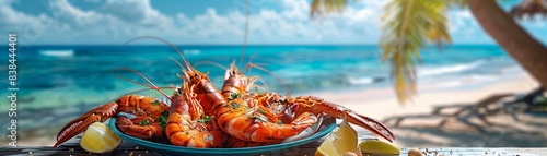 Fresh seafood platter on a sunny beach with palm trees, tropical, photorealistic, vibrant colors, high detail 8K , high-resolution, ultra HD,up32K HD