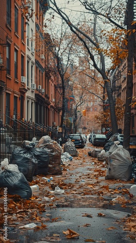 City street littered with trash bags and autumn leaves, desolate, watercolor, muted colors, soft light 8K , high-resolution, ultra HD,up32K HD
