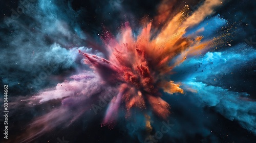 colorful dust powder particles explosion  on black background for overlay