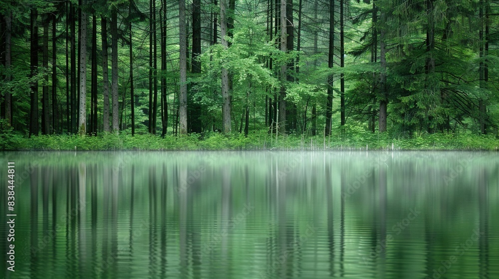 A lush forest surrounds a tranquil body of water, its reflection creating an expanse of shimmering green A lush forest surrounds a tranquil body of water, its reflection creating an expanse of shimmering green