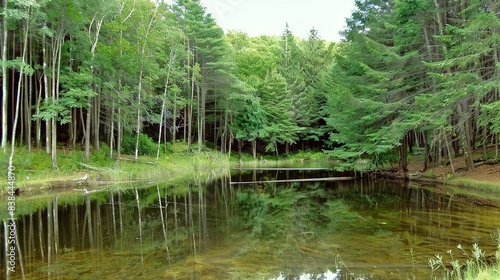   A forest enveloped in lush green foliage surrounds a body of water The towering trees that encircle it are thin and reach towards the sky