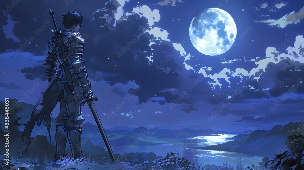 Naklejka premium Fearsome Samurai Warrior Silhouetted Against Mysterious Night Sky