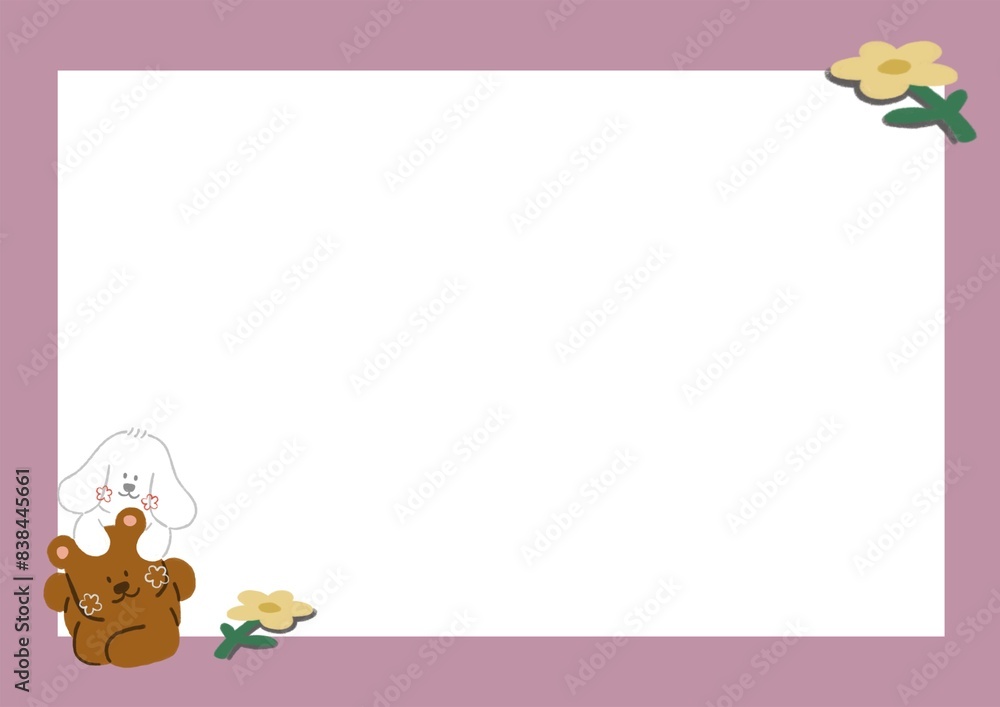 cute dog with bear couple with little flower frame. illustration card border cute dog with bear couple with little flower frame. illustration card border