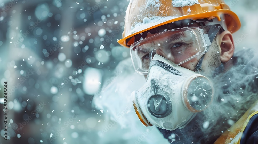 Professional construction worker wearing a high-grade dust mask, surrounded by lot of floating particles of glass wool dust in a construction site Professional construction worker wearing a high-grade dust mask, surrounded by lot of floating particles of glass wool dust in a construction site