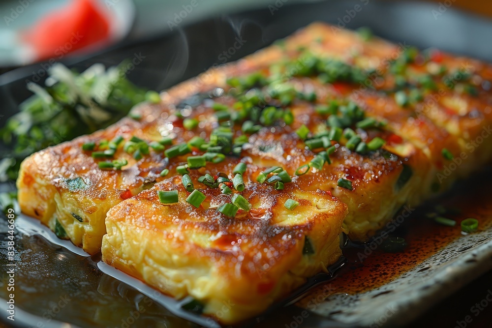 Tamagoyaki - Sweet, layered omelette served as part of a sushi platter or bento box. Tamagoyaki - Sweet, layered omelette served as part of a sushi platter or bento box.