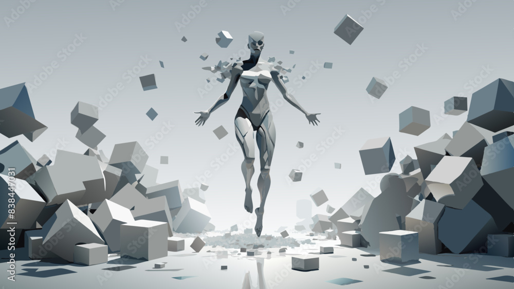 Futuristic Humanoid Rising Amidst Shattering Geometric Landscape Futuristic Humanoid Rising Amidst Shattering Geometric Landscape