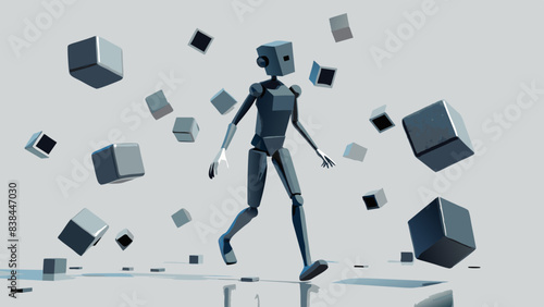 Futuristic Robot Navigating Through Floating Cubes in a Digital Environment