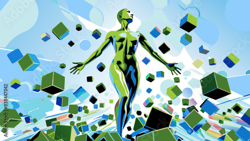 Surreal Digital Humanoid Amidst Floating Cubes in Abstract Landscape
