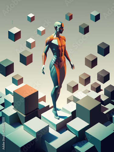 Futuristic Cyborg Woman Exploring Abstract Cube Terrain