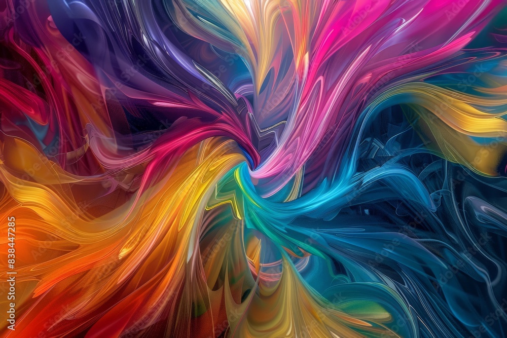 Abstract representation of a color explosion in digital art, with swirling, dynamic lines and shapes in a myriad of bright colors forming an intricate and vibrant composition Abstract representation of a color explosion in digital art, with swirling, dynamic lines and shapes in a myriad of bright colors forming an intricate and vibrant composition