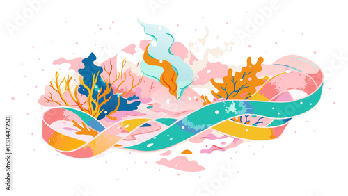Abstract Coral Reef and Ribbon Swirl Illustration with Colorful Palette