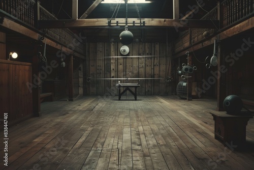Nostalgic Fencing Salle with Vintage Equipment and Wooden Floors – Perfect for Historical Sports Themes