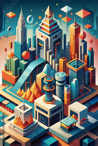 Futuristic Cityscape in Bright Colors with Abstract Shapes