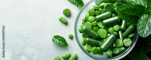 Glass Dish of Green Pills Surrounded by Mint Leaves: Natural Supplements