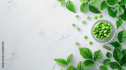 Green Capsules and Fresh Leaves on White Marble Surface