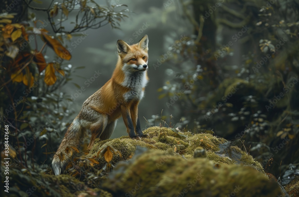 Naklejka premium A fox standing on mossy rocks in the forest